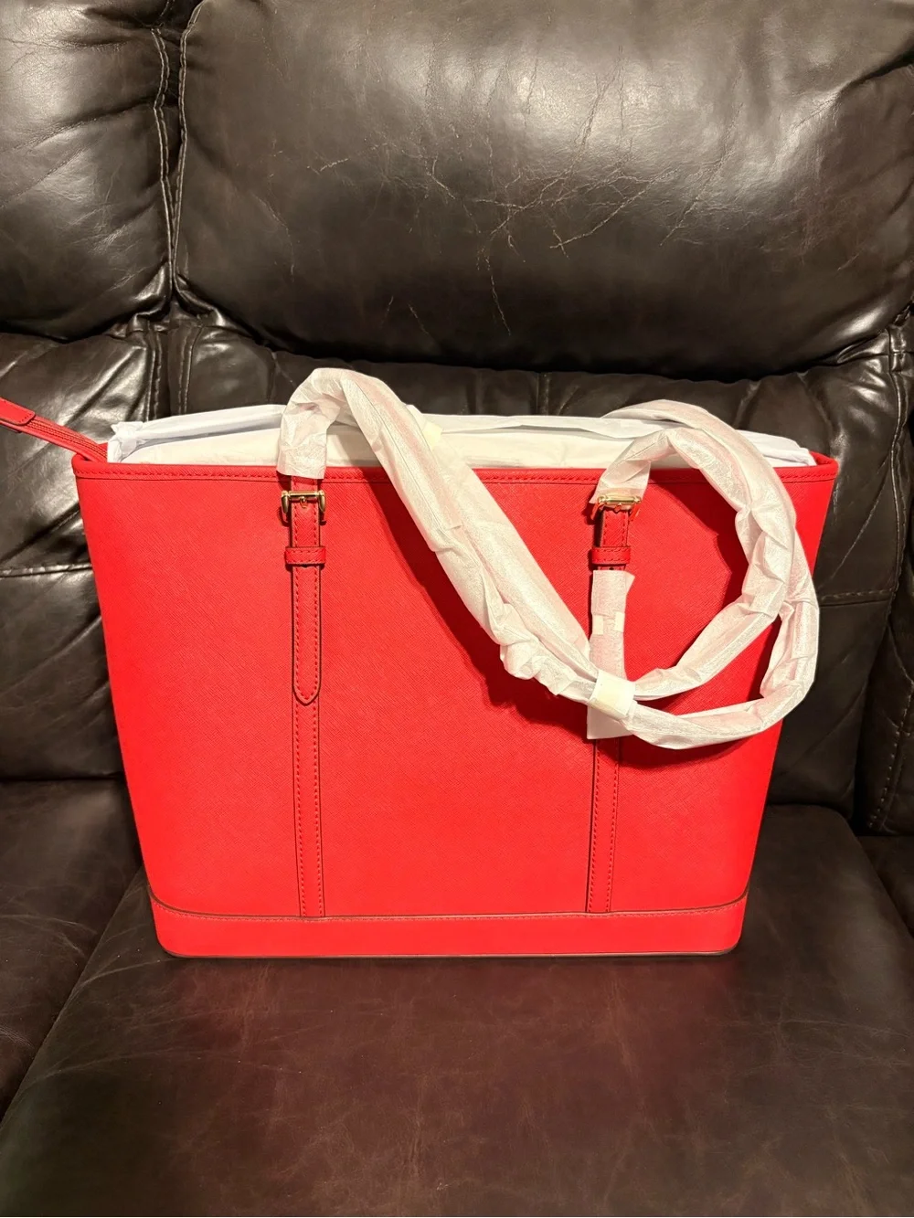 Michael Kors Bright Red Saffiano Leather Tote with Gold Logo
